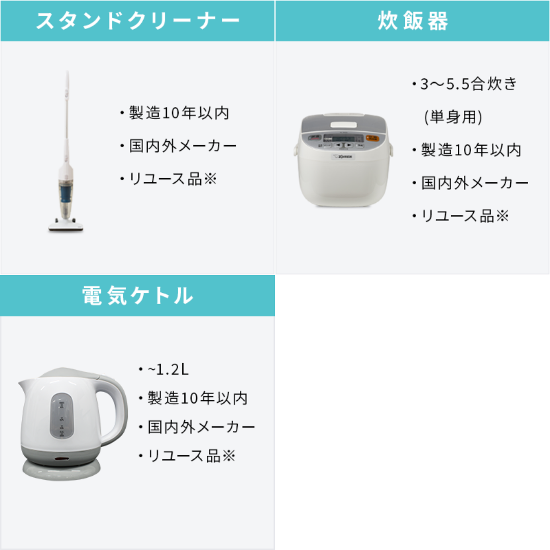 中古家電7点セット (冷蔵庫/洗濯機/テレビ/レンジ/炊飯器/スタンドクリーナー/電気ケトル)